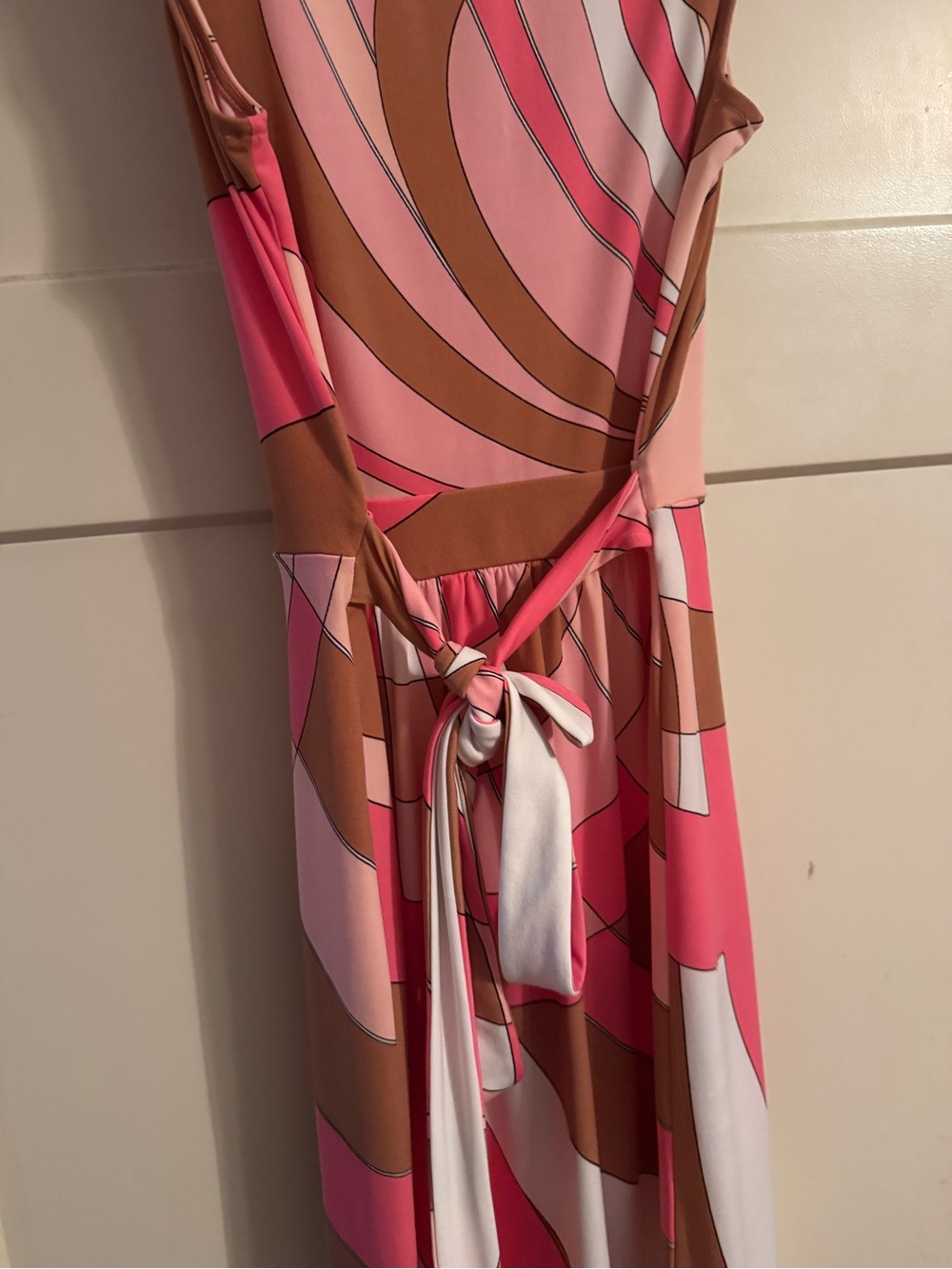 New York & Company Stretch XS Pink Brown Retro Geometric Wrap Sheath Dress Y2K - Picture 3 of 5
